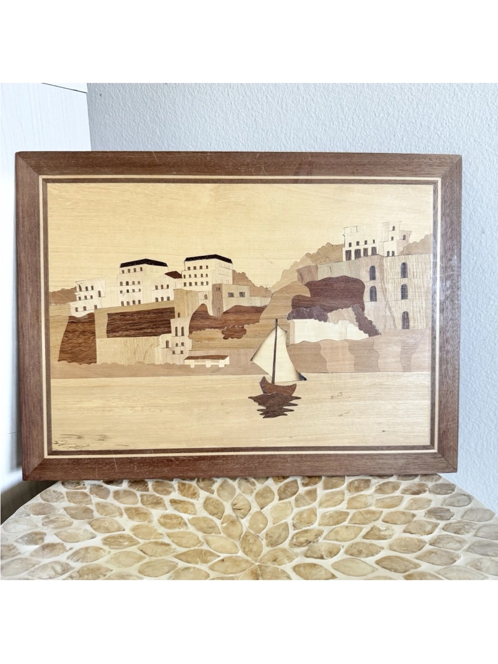Vintage Italian Sailboat Marquetry Inlaid Wood Wall Decor